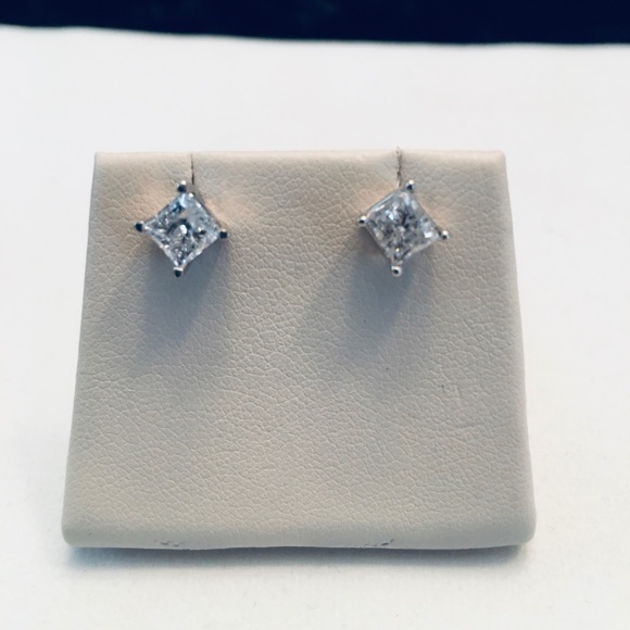 14K White Gold 2.0 CTW Princess Cut Diamond Stud Earrings - Picture 10 of 13
